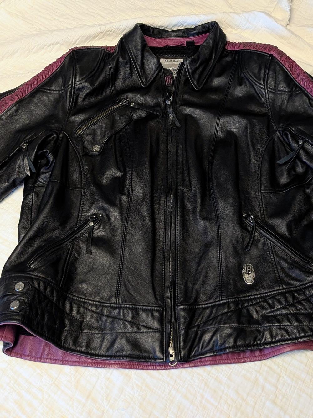 Black Leather Moto Jacket with Plum Accents